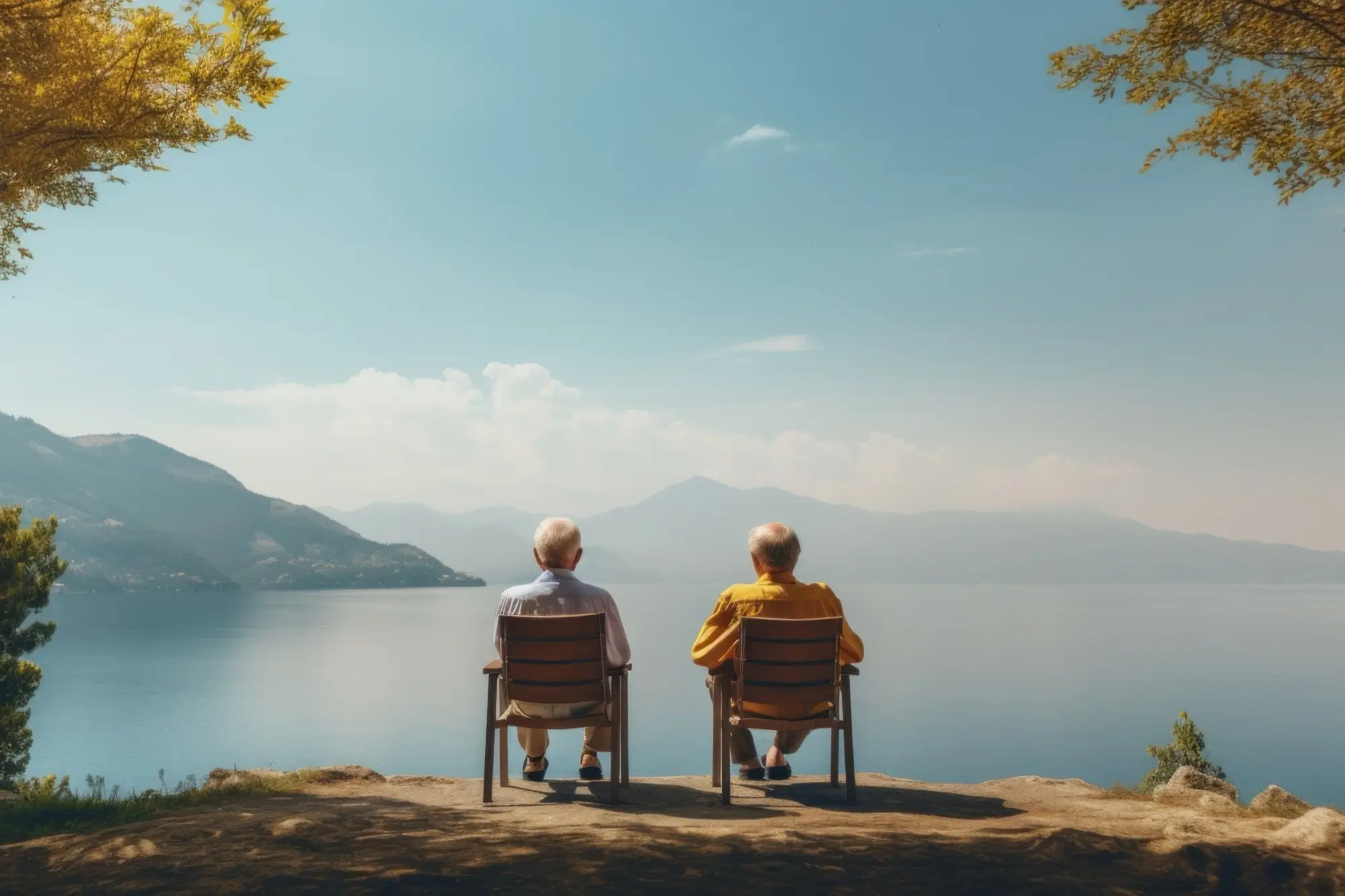 Two older people sitting in front of a lake and mountains, calm and with perspective